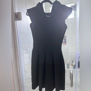 Black Pleated Sheath Mini Dress Mock Neck